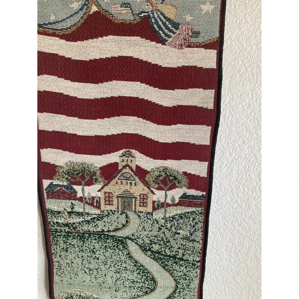 Vintage‎ Americana Woven Tapestry Wall Hanging Patriotic Schoolhouse Banner